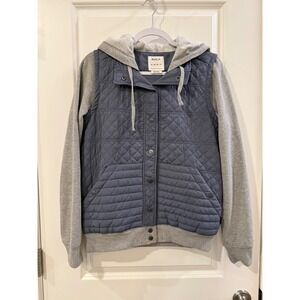 RVCA Mens Quilted Hybrid Hooded Jacket Blue Grey Snap Front Puffer Fleece Medium
